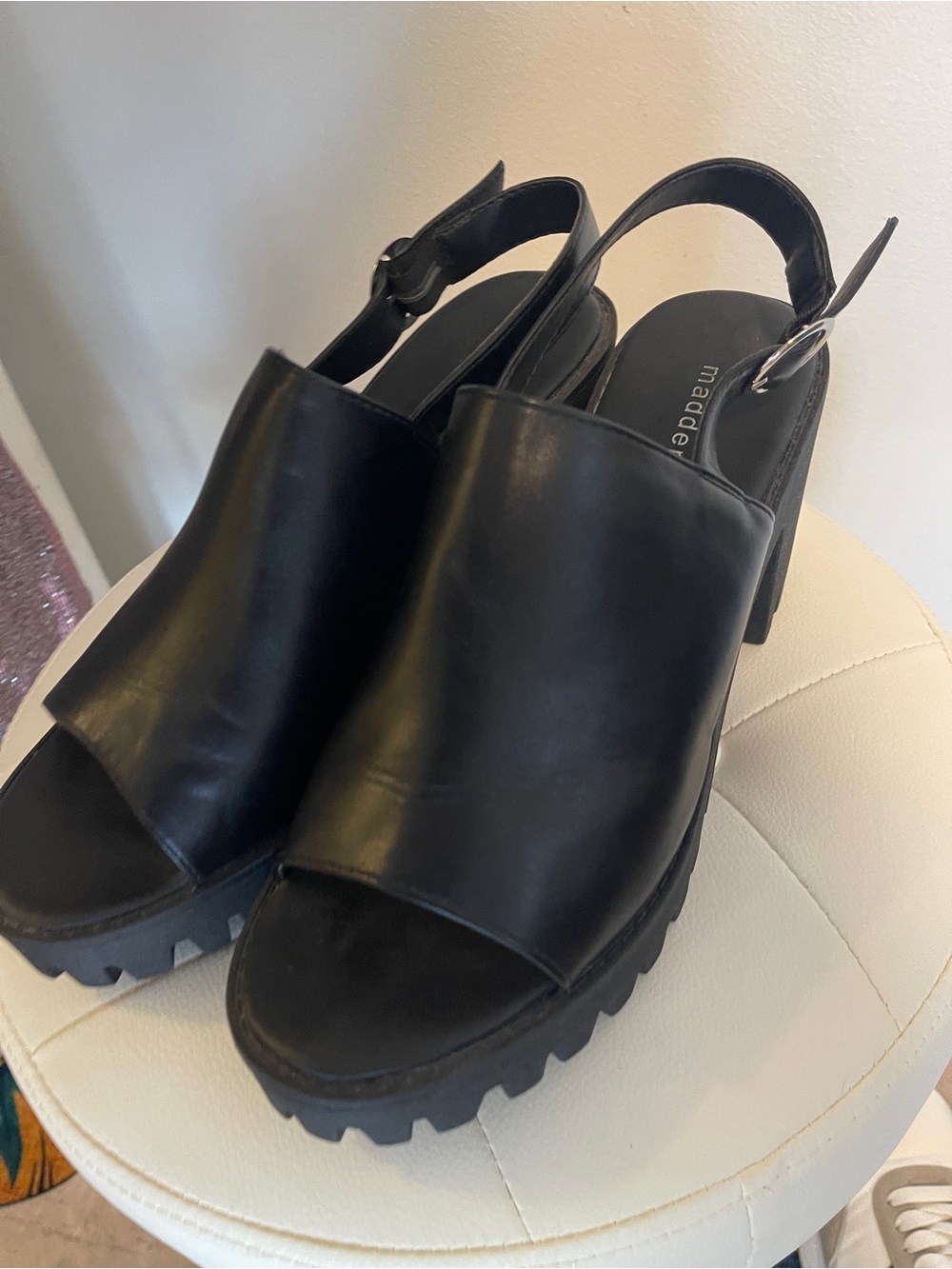 Madden Girl Black Chunky Lug Slingback Heels